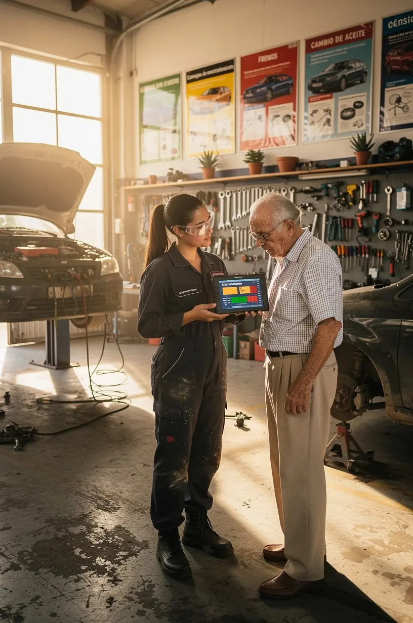 Equipos modernos de mantenimiento automotriz en estación de servicio con atención profesional y transparente.
